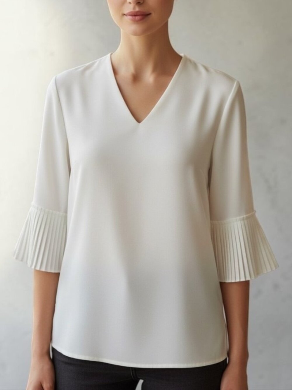 Escada Ivory White V-Neck Tunic Blouse Pleated Bell Cuffs Size 42 L